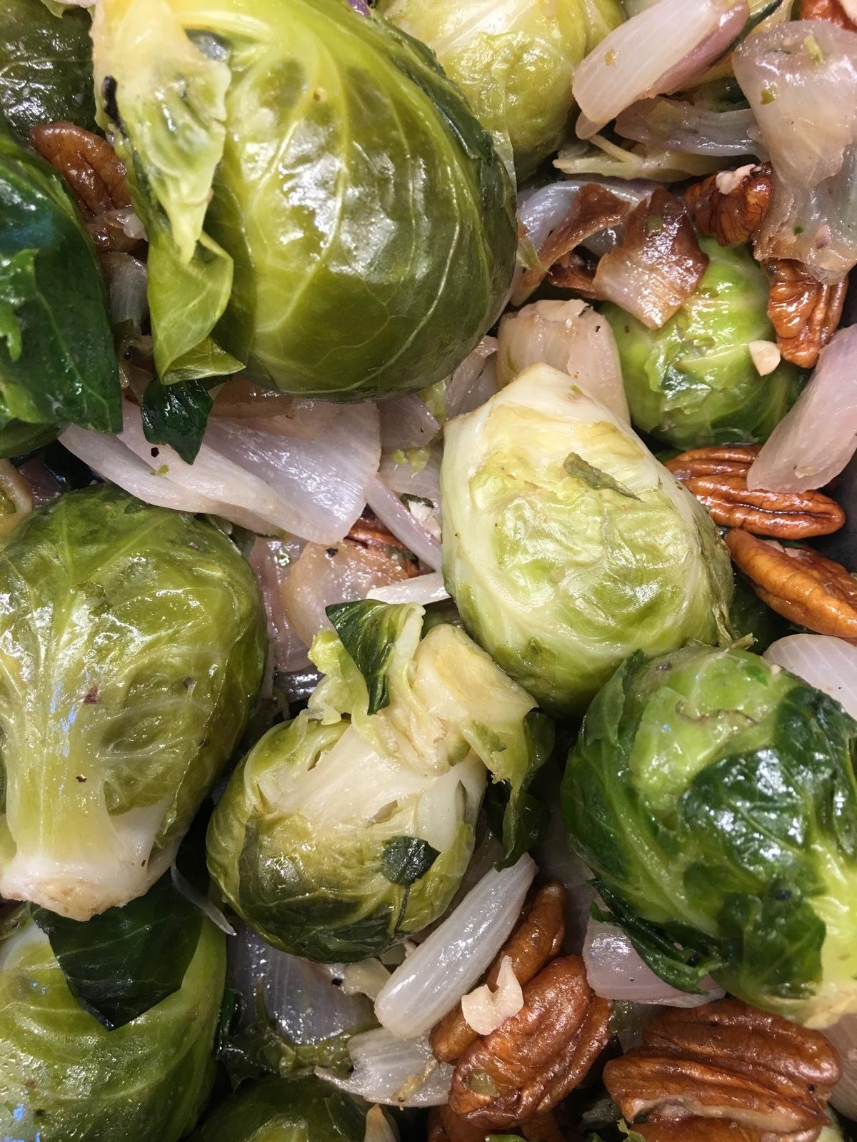 Brussels sprouts with pecans and onion.